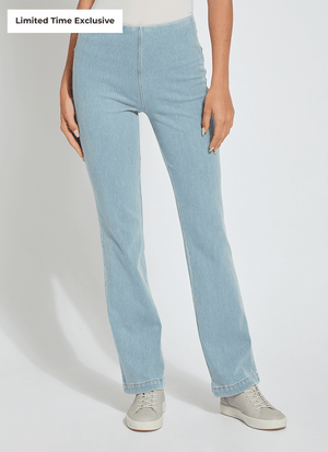 color=Bleached Blue, front, knit denim jean leggings with deep side pocket, skims hips and thighs and opens into bootcut hem