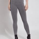 color=Mid Grey, Front shot of mid grey colored cotton and spandex denim leggings  with concealed signature waistband from the waist down