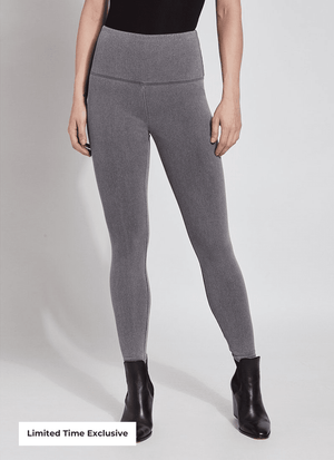 color=Mid Grey, Front shot of mid grey colored cotton and spandex denim leggings  with concealed signature waistband from the waist down