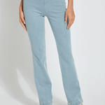 color=Bleached Blue, front, knit denim jean leggings with deep side pocket, skims hips and thighs and opens into bootcut hem