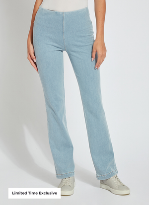 color=Bleached Blue, front, knit denim jean leggings with deep side pocket, skims hips and thighs and opens into bootcut hem