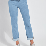 color=Bleached Blue, front view, plus size boyfriend cut denim leggings with comfort waistband to smooth and slim 