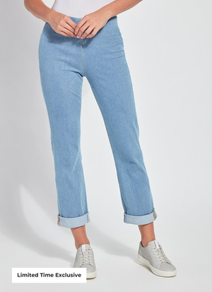 color=Bleached Blue, front view, plus size boyfriend cut denim leggings with comfort waistband to smooth and slim 