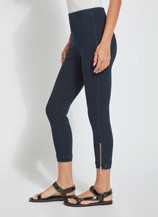 color=Indigo, side view, cropped denim jean leggings with zipper detail at hem and comfort waistband