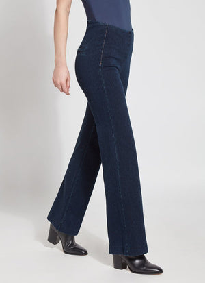 color=Indigo, side view, denim trouser with smooth fitting easy styling, smoothing waistband 