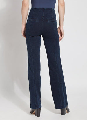 color=Indigo, back view, denim trouser with smooth fitting easy styling, smoothing waistband 