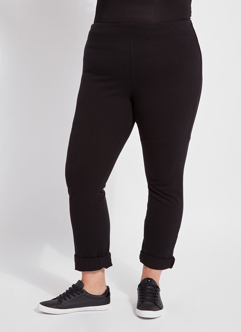 color=Black, front view, plus size boyfriend cut denim leggings with comfort waistband to smooth and slim 