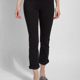 color=Black, front view, plus size boyfriend cut denim leggings with comfort waistband to smooth and slim 