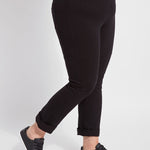 color=Black, front angle, plus size boyfriend cut denim leggings with comfort waistband to smooth and slim 