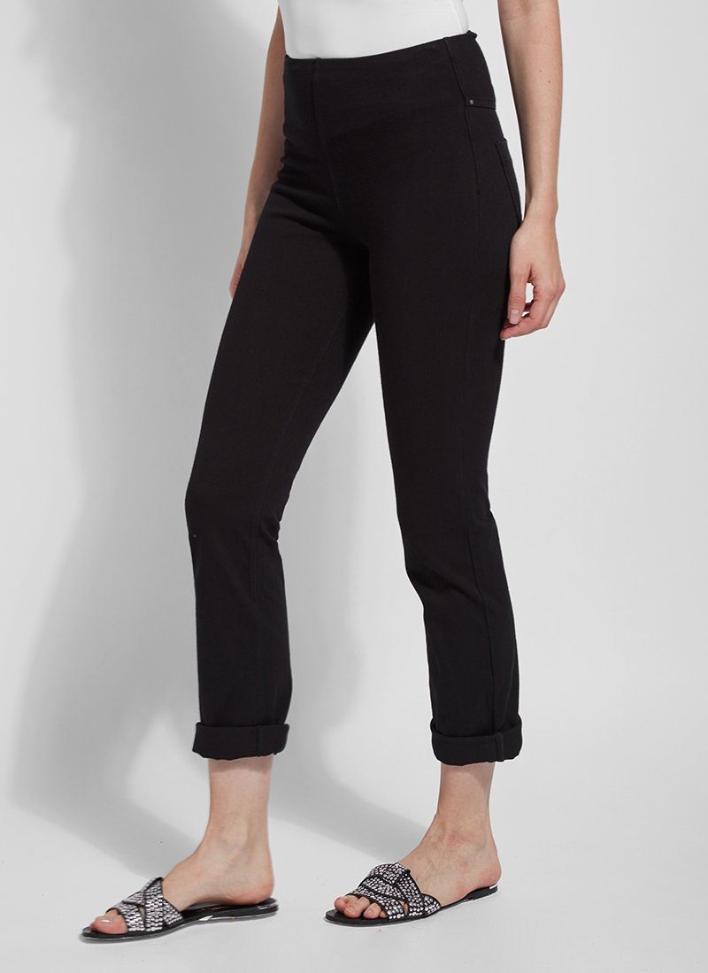 color=Black, front view, plus size boyfriend cut denim leggings with comfort waistband to smooth and slim 