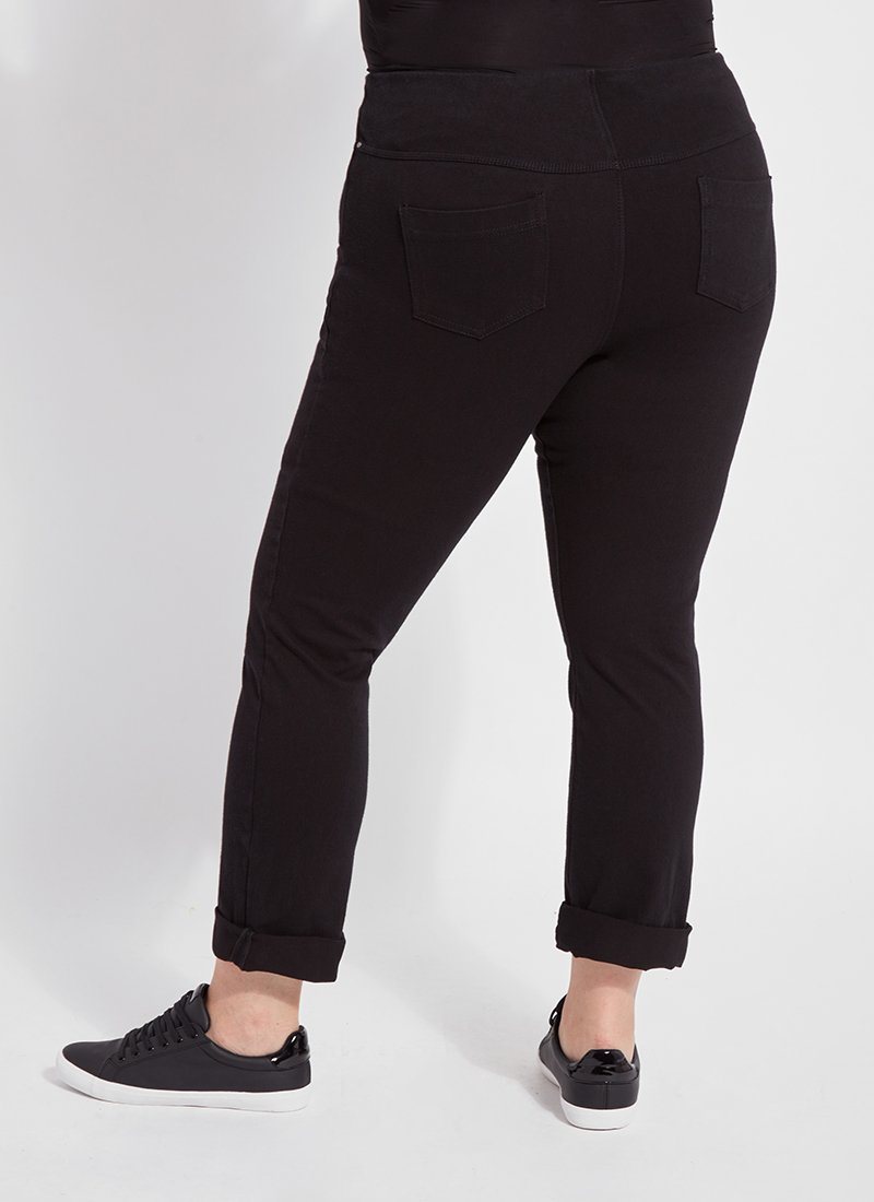 color=Black, back view, plus size boyfriend cut denim leggings with comfort waistband to smooth and slim 