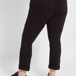 color=Black, back view, plus size boyfriend cut denim leggings with comfort waistband to smooth and slim 