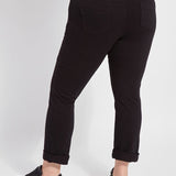 color=Black, back view, plus size boyfriend cut denim leggings with comfort waistband to smooth and slim 