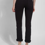 color=Black, back view, plus size boyfriend cut denim leggings with comfort waistband to smooth and slim 