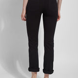 color=Black, back view, plus size boyfriend cut denim leggings with comfort waistband to smooth and slim 