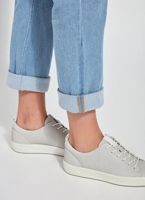 color=Bleached Blue, Cuff detail of bleached blue, 4-way stretch, relaxed boyfriend denim jean legging