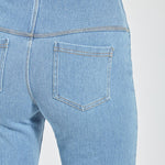 color=Bleached Blue, back detail, plus size boyfriend cut denim leggings with comfort waistband to smooth and slim 