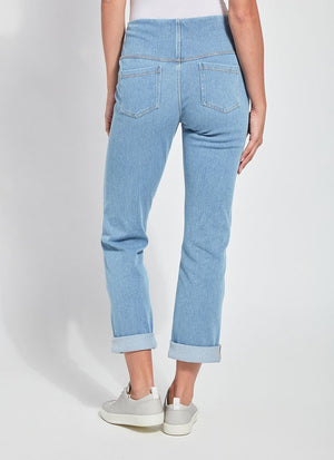 color=Bleached Blue, Rear view of bleached blue, 4-way stretch, relaxed boyfriend denim jean legging, from waist down