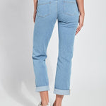 color=Bleached Blue, back view, plus size boyfriend cut denim leggings with comfort waistband to smooth and slim 