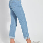 color=Bleached Blue, side view, plus size boyfriend cut denim leggings with comfort waistband to smooth and slim 