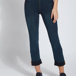 color=Indigo, front view, plus size boyfriend cut denim leggings with comfort waistband to smooth and slim 