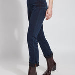 color=Indigo, side, plus size boyfriend cut denim leggings with comfort waistband to smooth and slim 