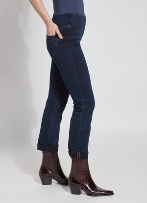 color=Indigo, Side view of indigo  4-way stretch, relaxed boyfriend denim jean legging, seen from waist down