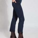 color=Indigo, side, plus size boyfriend cut denim leggings with comfort waistband to smooth and slim 