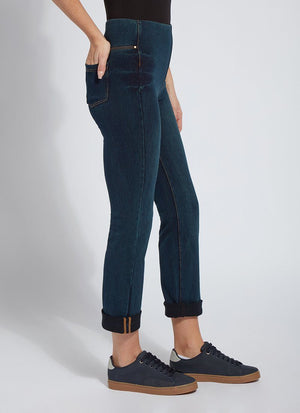 color=Indigo, side view, 4-way stretch, relaxed boyfriend denim jean legging with comfort waistband