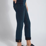 color=Indigo, side view, plus size boyfriend cut denim leggings with comfort waistband to smooth and slim 