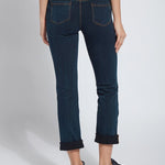 color=Indigo, back view, plus size boyfriend cut denim leggings with comfort waistband to smooth and slim 