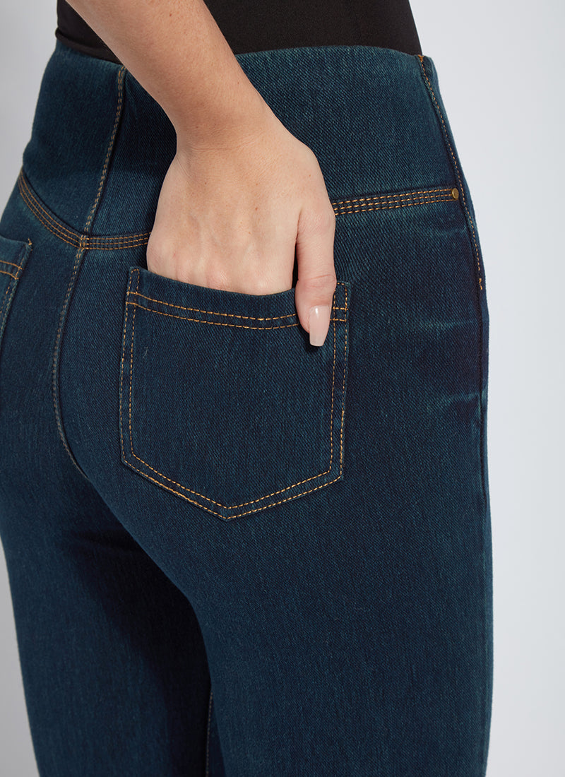 color=Indigo, back waist detail, plus size boyfriend cut denim leggings with comfort waistband to smooth and slim 