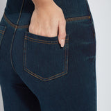 color=Indigo, back waist detail, plus size boyfriend cut denim leggings with comfort waistband to smooth and slim 