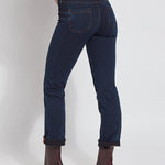 color=Indigo, back view, plus size boyfriend cut denim leggings with comfort waistband to smooth and slim 