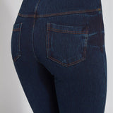 color=Indigo, back detail, plus size boyfriend cut denim leggings with comfort waistband to smooth and slim 