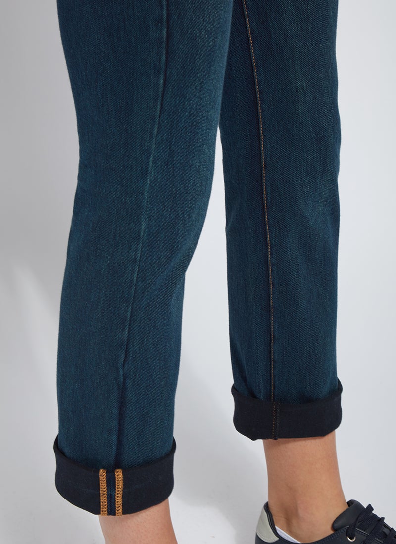 color=Indigo, hem detail, plus size boyfriend cut denim leggings with comfort waistband to smooth and slim 