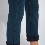 color=Indigo, hem detail, plus size boyfriend cut denim leggings with comfort waistband to smooth and slim 