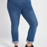 color=Mid Wash, front view, plus size boyfriend cut denim leggings with comfort waistband to smooth and slim 