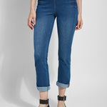 color=Mid Wash, front view, plus size boyfriend cut denim leggings with comfort waistband to smooth and slim 