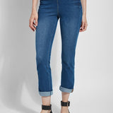 color=Mid Wash, front view, plus size boyfriend cut denim leggings with comfort waistband to smooth and slim 