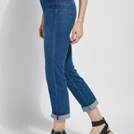 color=Mid Wash, side view, plus size boyfriend cut denim leggings with comfort waistband to smooth and slim 