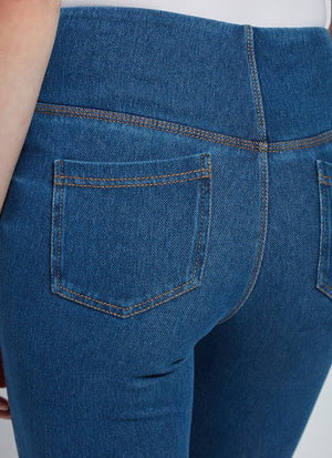 color=Mid Wash, Rear detail view of mid wash blue, 4-way stretch, relaxed boyfriend denim jean legging