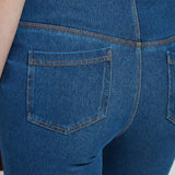 color=Mid Wash, back waist detail, plus size boyfriend cut denim leggings with comfort waistband to smooth and slim 