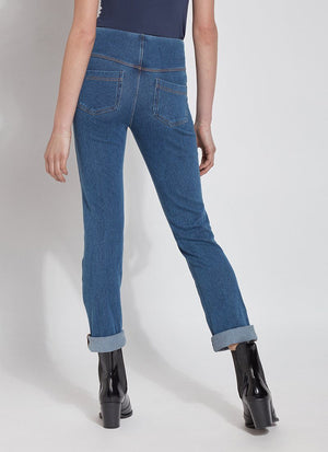 color=Mid Wash, Rear view of mid wash blue, 4-way stretch, relaxed boyfriend denim jean legging, seen from waist down