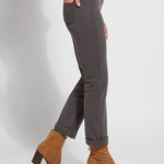 color=Mid Grey, side view, plus size boyfriend cut denim leggings with comfort waistband to smooth and slim 