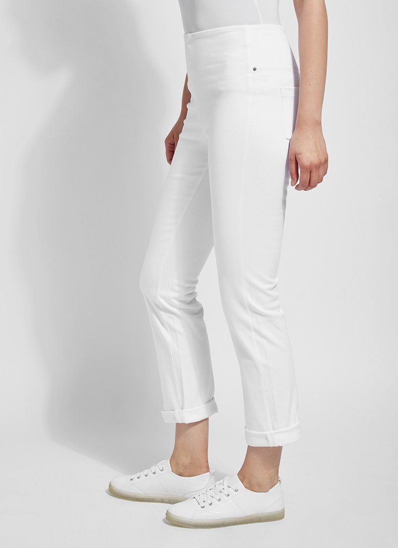 color=White, side view, plus size boyfriend cut denim leggings with comfort waistband to smooth and slim 