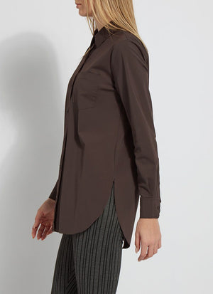 color=Double Espresso, side view, best selling women's button up shirt in soft resilient microfiber