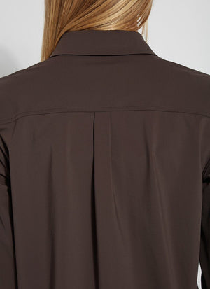 color=Double Espresso, back neckline detail, best selling women's button up shirt in soft resilient microfiber