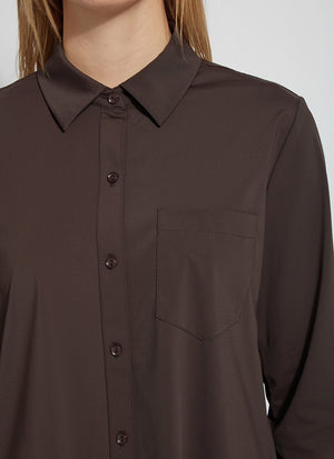 color=Double Espresso, front neckline details, best selling women's button up shirt in soft resilient microfiber