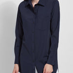 color=True Navy, front view, best selling women's button up shirt in soft resilient microfiber, white denim leggings 